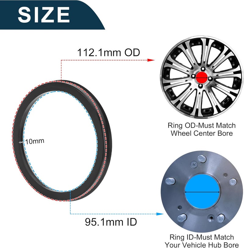 TUCKBOLD Car Wheel Hub Centric Rings Durable Wheels Center Shaft Shock Absorbing Hubrings Black 2 Pcs OD 112.1mm to ID 95.1 mm Polycarbonate - Image 3